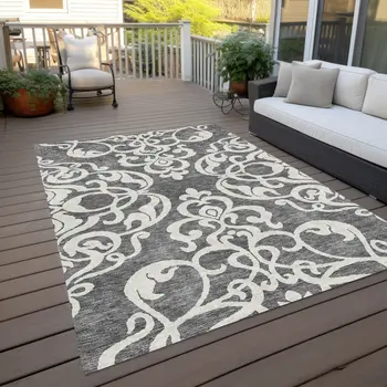 10' X 14' Gray And Ivory Damask Washable Indoor Outdoor Area Rug