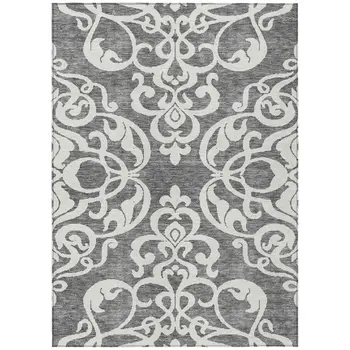 10' X 14' Gray And Ivory Damask Washable Indoor Outdoor Area Rug