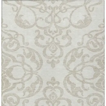3' X 5' Ivory And Beige Damask Washable Indoor Outdoor Area Rug