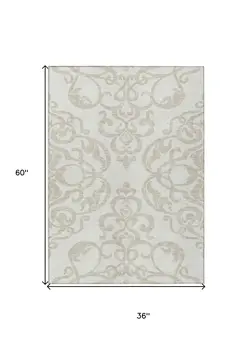 3' X 5' Ivory And Beige Damask Washable Indoor Outdoor Area Rug