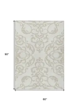 5' X 8' Ivory And Beige Damask Washable Indoor Outdoor Area Rug