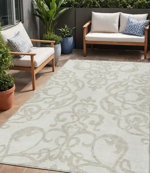5' X 8' Ivory And Beige Damask Washable Indoor Outdoor Area Rug