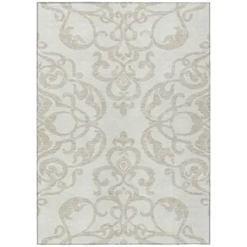 5' X 8' Ivory And Beige Damask Washable Indoor Outdoor Area Rug
