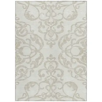 5' X 8' Ivory And Beige Damask Washable Indoor Outdoor Area Rug