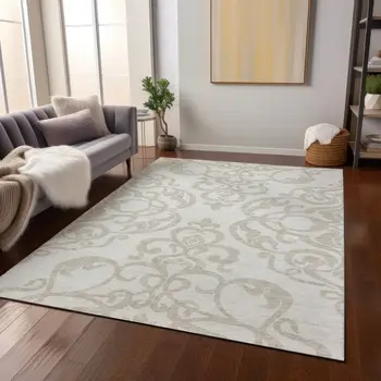 5' X 8' Ivory And Beige Damask Washable Indoor Outdoor Area Rug