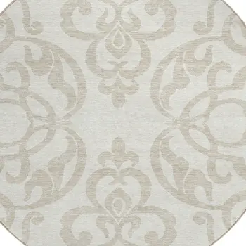 8' Ivory And Beige Round Damask Washable Indoor Outdoor Area Rug