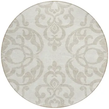 8' Ivory And Beige Round Damask Washable Indoor Outdoor Area Rug