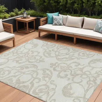 8' X 10' Ivory And Beige Damask Washable Indoor Outdoor Area Rug