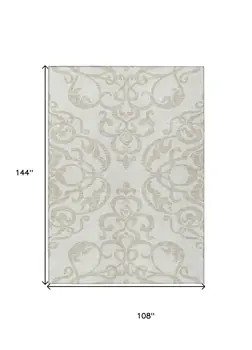 9' X 12' Ivory And Beige Damask Washable Indoor Outdoor Area Rug