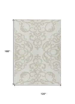 10' X 14' Ivory And Beige Damask Washable Indoor Outdoor Area Rug