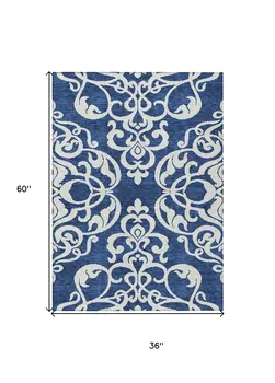 3' X 5' Navy Blue And Ivory Damask Washable Indoor Outdoor Area Rug