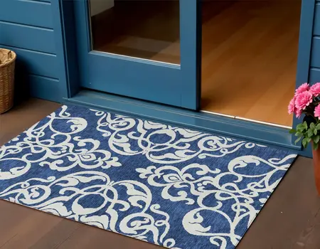 3' X 5' Navy Blue And Ivory Damask Washable Indoor Outdoor Area Rug
