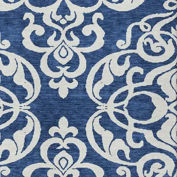 3' X 5' Navy Blue And Ivory Damask Washable Indoor Outdoor Area Rug