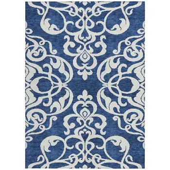 5' X 8' Navy Blue And Ivory Damask Washable Indoor Outdoor Area Rug