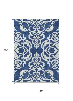 5' X 8' Navy Blue And Ivory Damask Washable Indoor Outdoor Area Rug