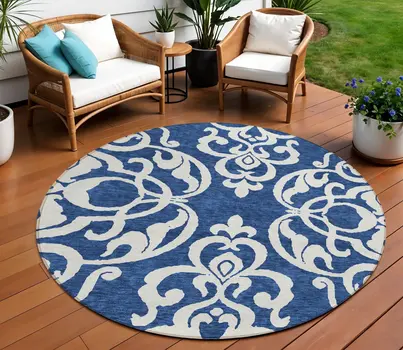 8' Navy Blue And Ivory Round Damask Washable Indoor Outdoor Area Rug