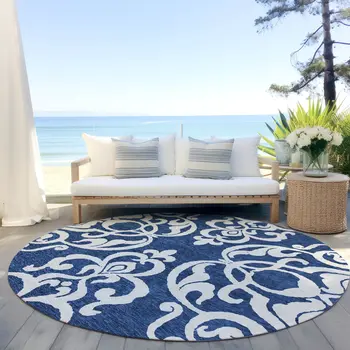 8' Navy Blue And Ivory Round Damask Washable Indoor Outdoor Area Rug
