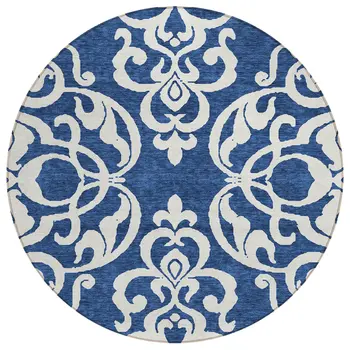 8' Navy Blue And Ivory Round Damask Washable Indoor Outdoor Area Rug