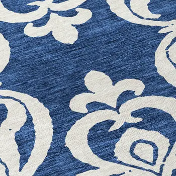 8' Navy Blue And Ivory Round Damask Washable Indoor Outdoor Area Rug