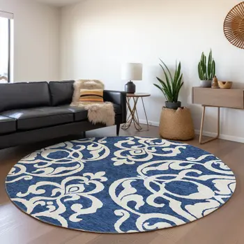 8' Navy Blue And Ivory Round Damask Washable Indoor Outdoor Area Rug