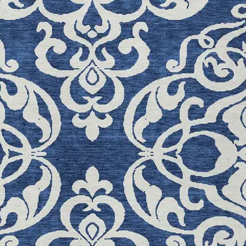 8' X 10' Navy Blue And Ivory Damask Washable Indoor Outdoor Area Rug
