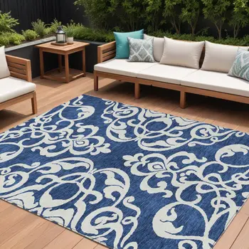 9' X 12' Navy Blue And Ivory Damask Washable Indoor Outdoor Area Rug