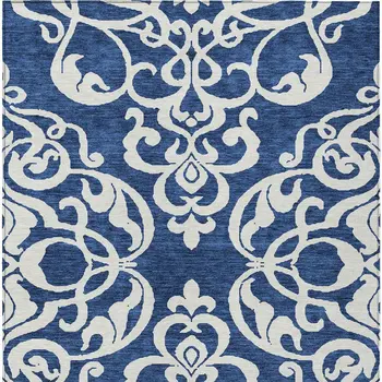 10' X 14' Navy Blue And Ivory Damask Washable Indoor Outdoor Area Rug