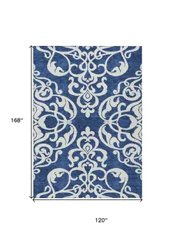 10' X 14' Navy Blue And Ivory Damask Washable Indoor Outdoor Area Rug
