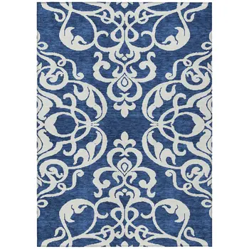 10' X 14' Navy Blue And Ivory Damask Washable Indoor Outdoor Area Rug