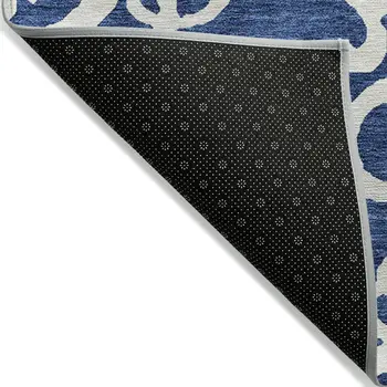 10' X 14' Navy Blue And Ivory Damask Washable Indoor Outdoor Area Rug