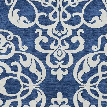 10' X 14' Navy Blue And Ivory Damask Washable Indoor Outdoor Area Rug