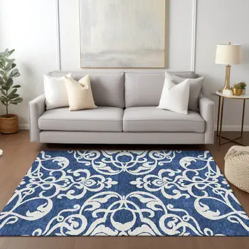10' X 14' Navy Blue And Ivory Damask Washable Indoor Outdoor Area Rug