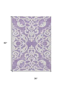 3' X 5' Purple And Ivory Damask Washable Indoor Outdoor Area Rug
