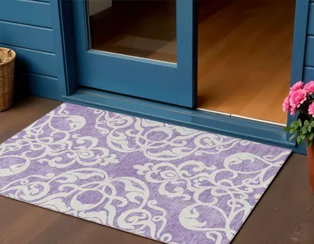 3' X 5' Purple And Ivory Damask Washable Indoor Outdoor Area Rug