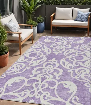 5' X 8' Purple And Ivory Damask Washable Indoor Outdoor Area Rug