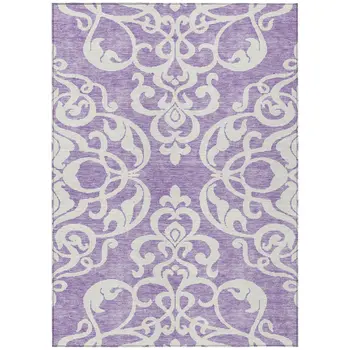 5' X 8' Purple And Ivory Damask Washable Indoor Outdoor Area Rug