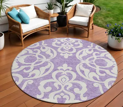 8' Purple And Ivory Round Damask Washable Indoor Outdoor Area Rug