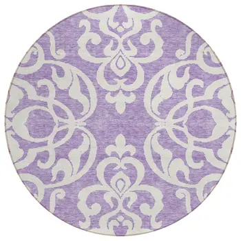 8' Purple And Ivory Round Damask Washable Indoor Outdoor Area Rug