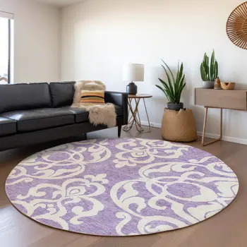 8' Purple And Ivory Round Damask Washable Indoor Outdoor Area Rug