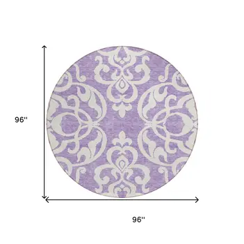 8' Purple And Ivory Round Damask Washable Indoor Outdoor Area Rug