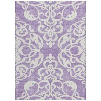 8' X 10' Purple And Ivory Damask Washable Indoor Outdoor Area Rug