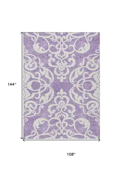 9' X 12' Purple And Ivory Damask Washable Indoor Outdoor Area Rug