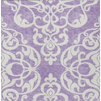 10' X 14' Purple And Ivory Damask Washable Indoor Outdoor Area Rug
