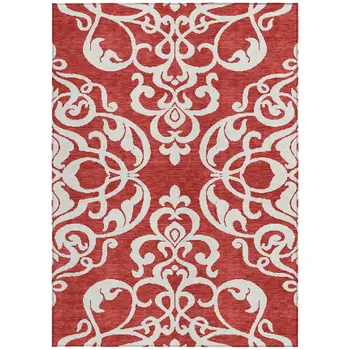 3' X 5' Red And Ivory Damask Washable Indoor Outdoor Area Rug