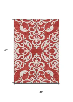 3' X 5' Red And Ivory Damask Washable Indoor Outdoor Area Rug