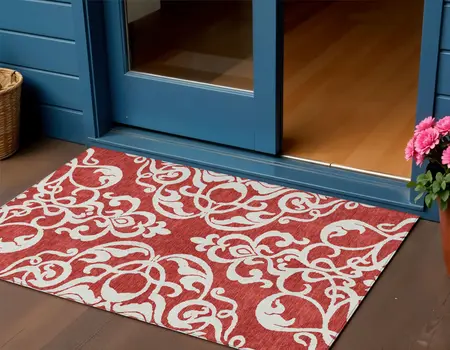 3' X 5' Red And Ivory Damask Washable Indoor Outdoor Area Rug