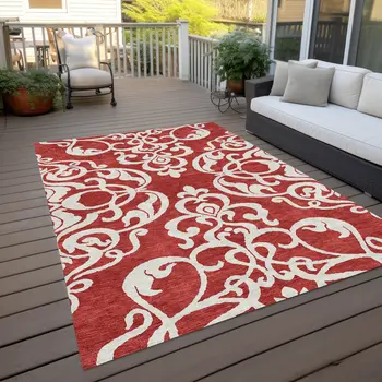 3' X 5' Red And Ivory Damask Washable Indoor Outdoor Area Rug