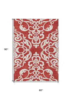 5' X 8' Red And Ivory Damask Washable Indoor Outdoor Area Rug