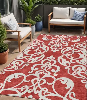 5' X 8' Red And Ivory Damask Washable Indoor Outdoor Area Rug