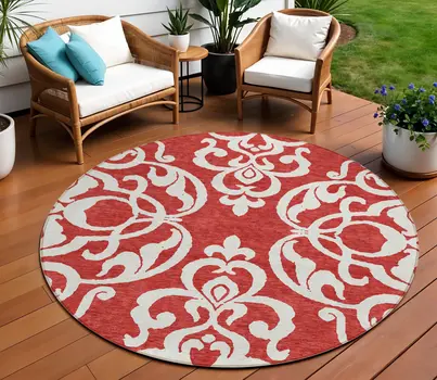 8' Red And Ivory Round Damask Washable Indoor Outdoor Area Rug
